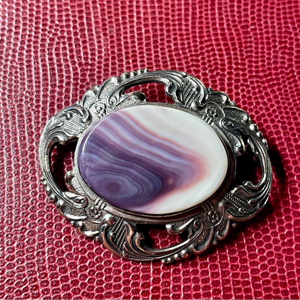 Vintage Banded Amethyst Sterling Silver Brooch